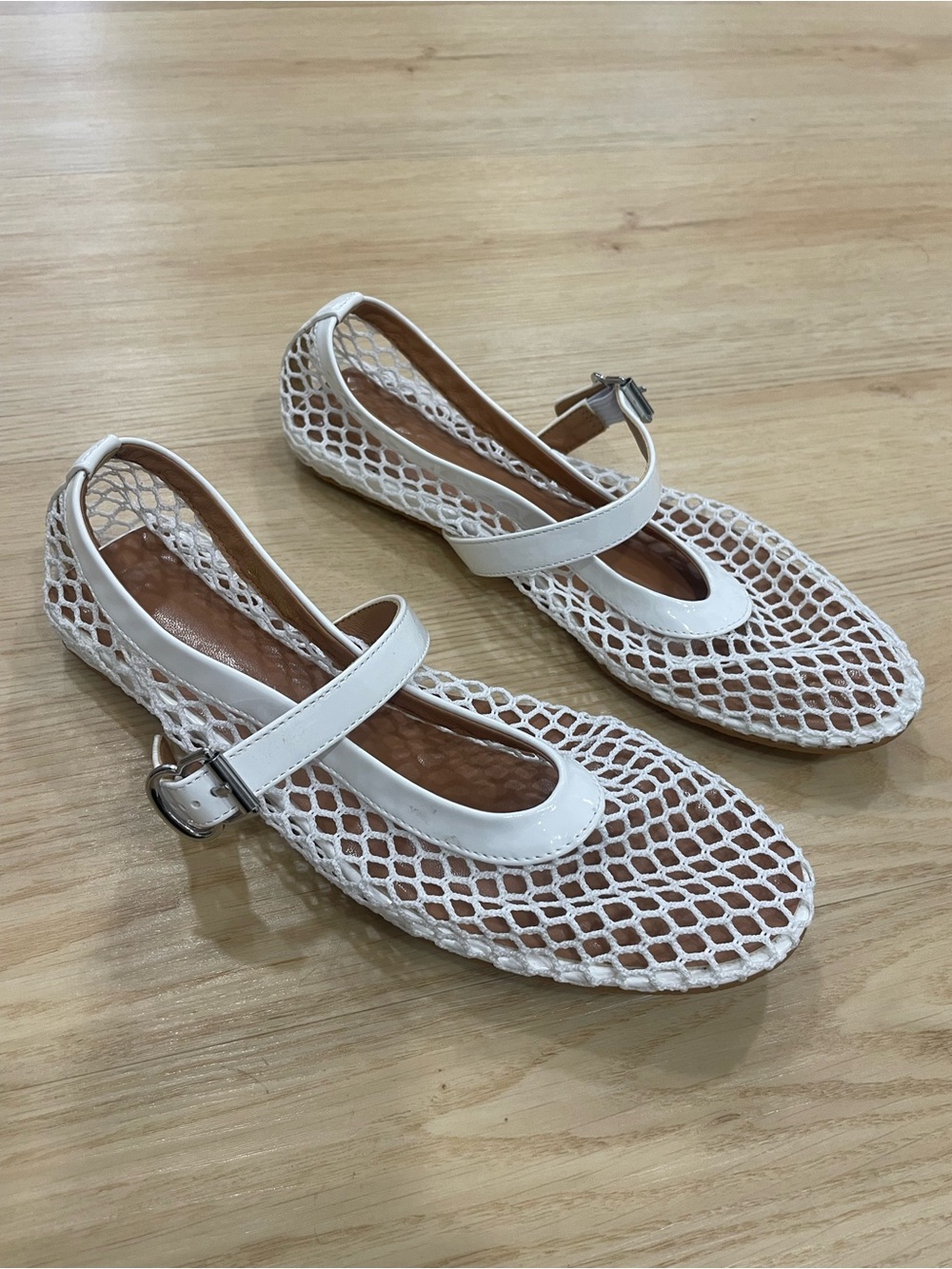 White mesh Mary Jane flats with buckle size 7